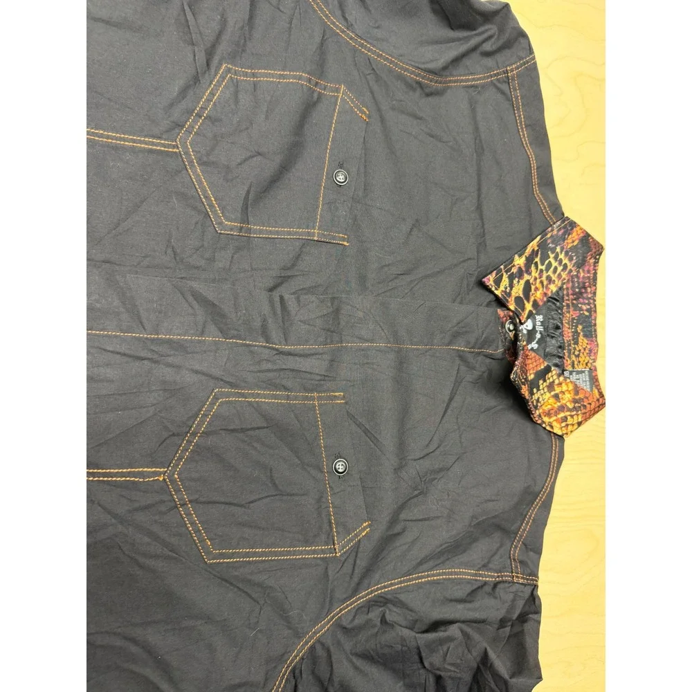 Rock Roll-n-Soul Button Down Mens Large Black Snakeskin Collar Contrast Stitch